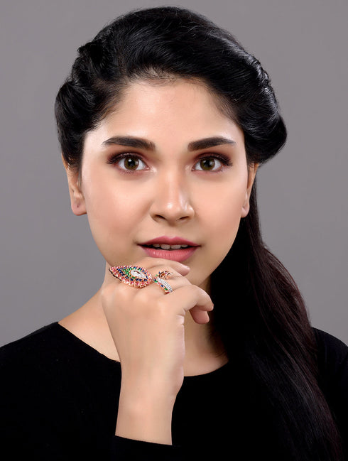 Rose Gold Plated Multi AD studded Peacock Designer Finger Ring