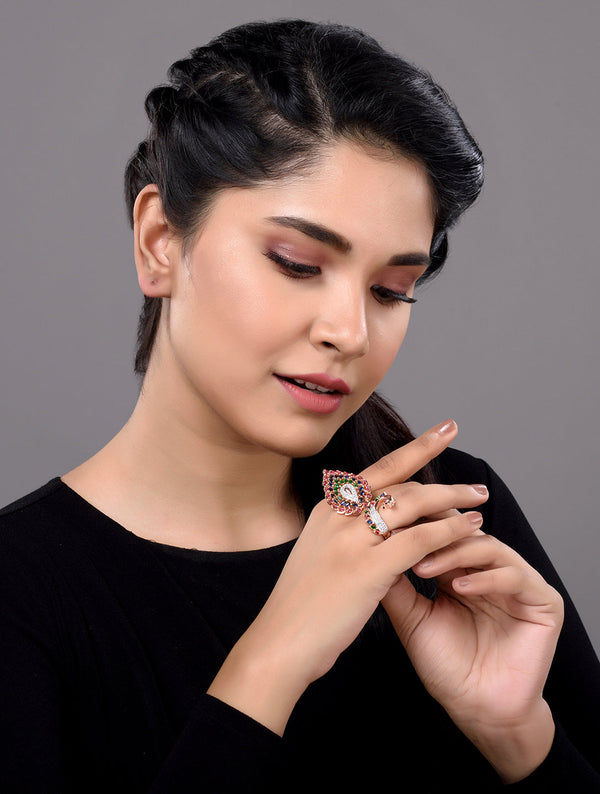 Rose Gold Plated Multi AD studded Peacock Designer Finger Ring