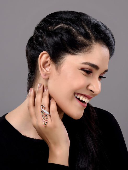 Rose Gold Plated Multi AD studded Peacock Handcrafted Finger Ring