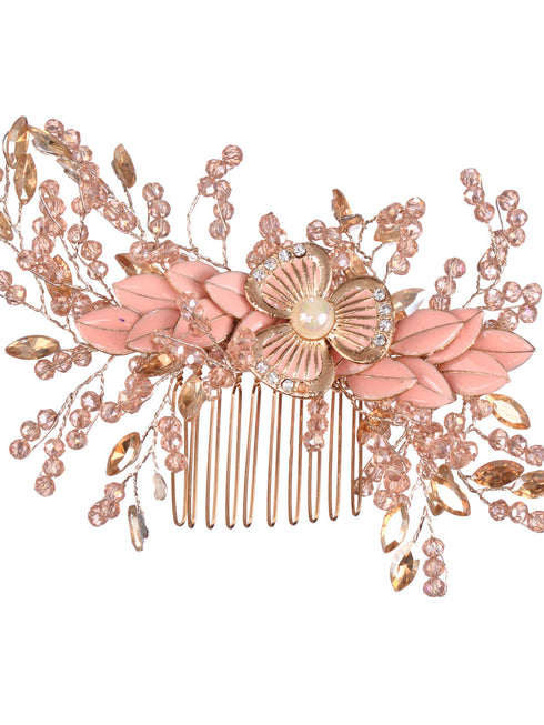 Pink Gold Toned Pearl Beaded & Embellished Bridal Comb Pin