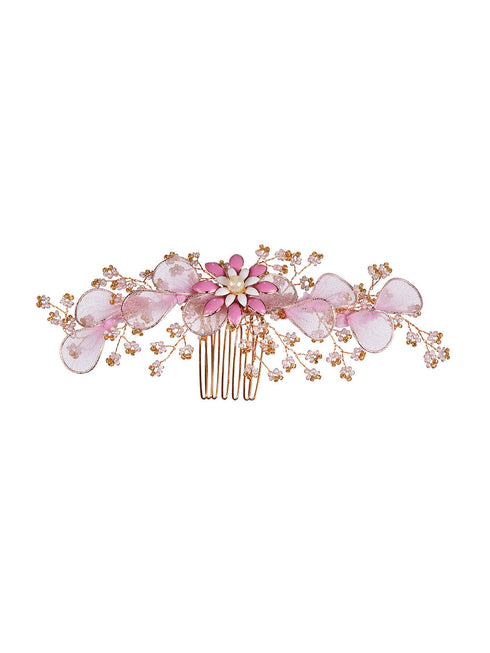 Gold Toned Pink Flower Embellished Bridal Hair Accessory