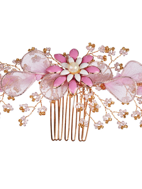 Gold Toned Pink Flower Embellished Bridal Hair Accessory