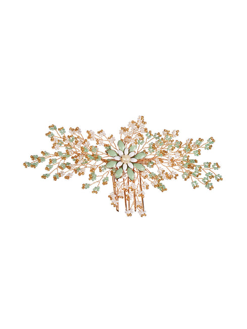Gold Toned Green Pearl Beaded Bridal Hair pin