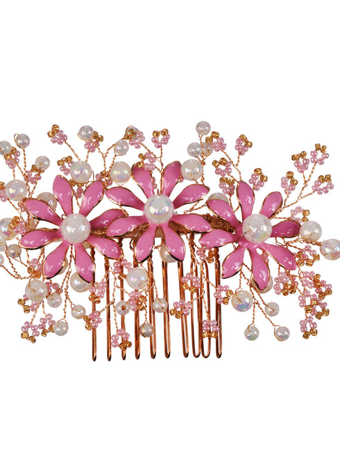 Gold toned Pink Enamelled Flower Tiara Comb Pin