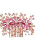 Gold toned Pink Enamelled Flower Tiara Comb Pin