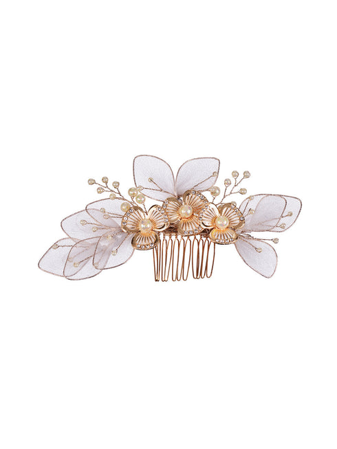 White Gold Toned Enamelled Pearl Beaded Bridal Comb Pin