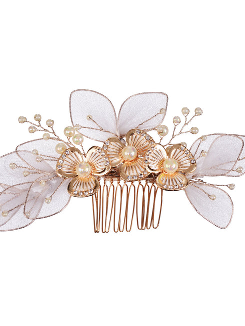 White Gold Toned Enamelled Pearl Beaded Bridal Comb Pin