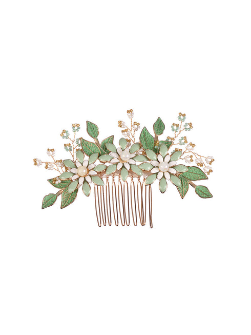 Green Gold Toned Enamelled Pearl Embellished Comb Pin