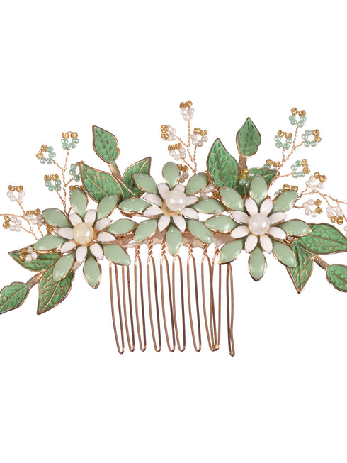 Green Gold Toned Enamelled Pearl Embellished Comb Pin