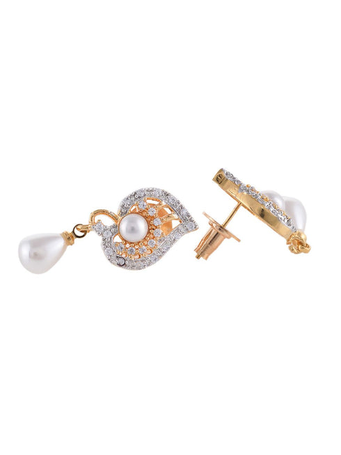 Gold plated AD and Pearl studded Unique leaf design Pendant Earrings set chain for Women & Girls