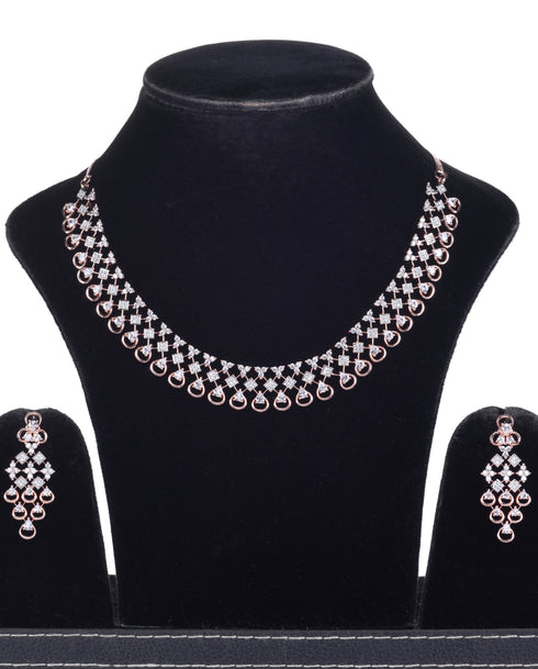 Rose Gold plated Unique Design AD studded Necklace Earrings