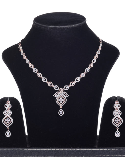 Rose Gold plated Contemporary AD studded Necklace Earrings