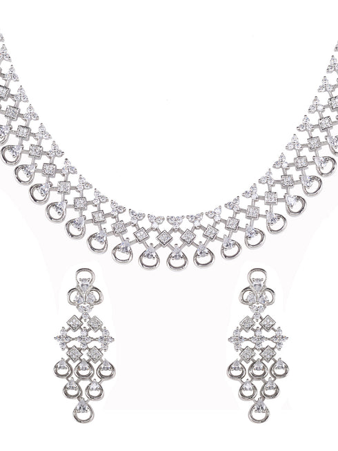 White Rhodium plated Unique Design AD studded Necklace Earrings Girls