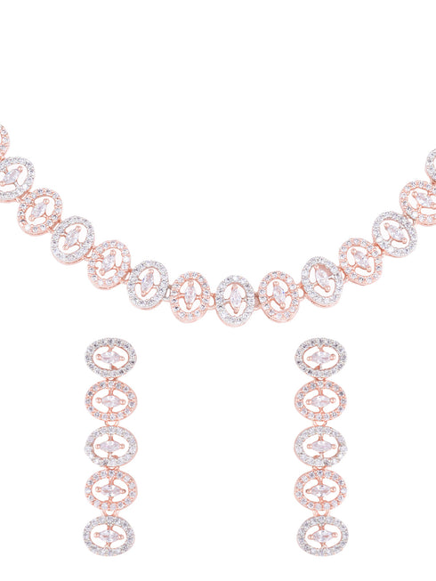 Rose Gold plated Oval shaped AD studded Necklace Earrings