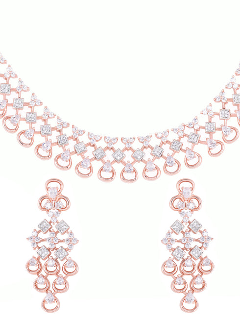 Rose Gold plated Unique Design AD studded Necklace Earrings