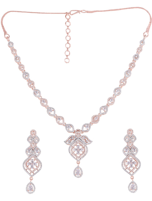 Rose Gold plated Contemporary AD studded Necklace Earrings