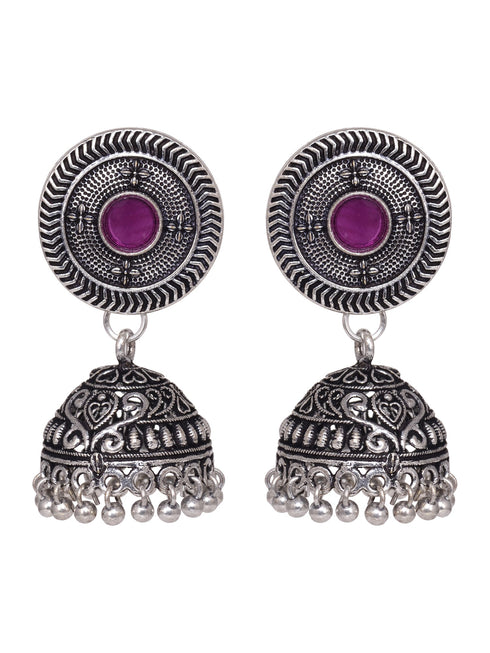 Oxidised Silver Plated Red Stone Studded Jhumka Earrings