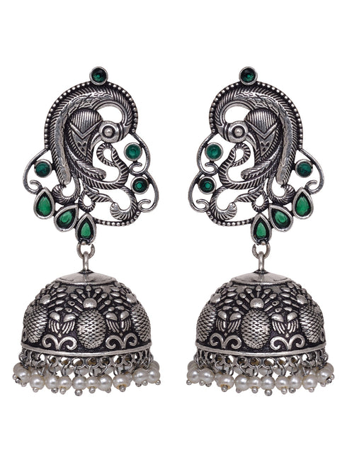 Silver Oxidised Peacock Contemporary Jhumka Earrings