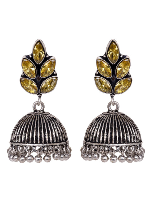 Oxidised Silver Toned Yellow Stone Studded Jhumka Earrings