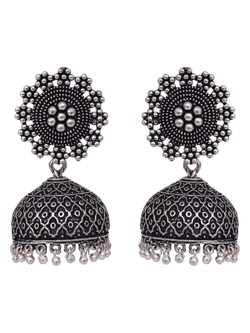 Silver Oxidised Filigree Dome Shaped Jhumka Earrings