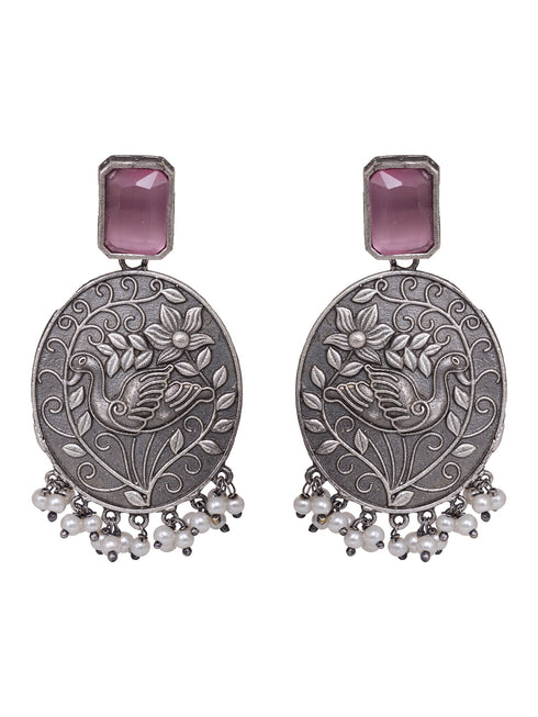 Silver Oxidised Pink Stone Studded Contemporary Earrings