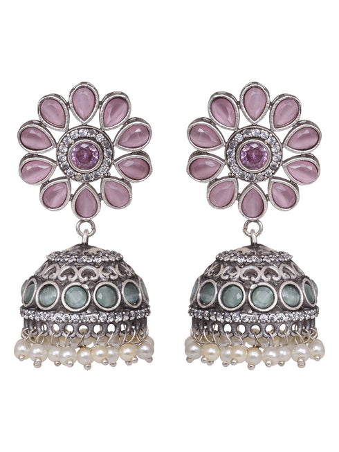 Oxidised Siver Pink Stone Studded Dome Jhumka Earrings