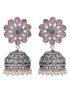 Oxidised Siver Pink Stone Studded Dome Jhumka Earrings