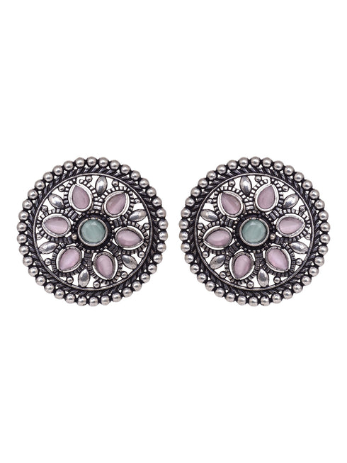 Oxidised Silver Plated Pink Mint Studds Earrings
