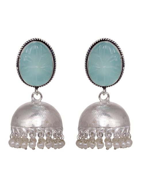 Silver Toned Turquoise Stone Studded Jhumka Earrings