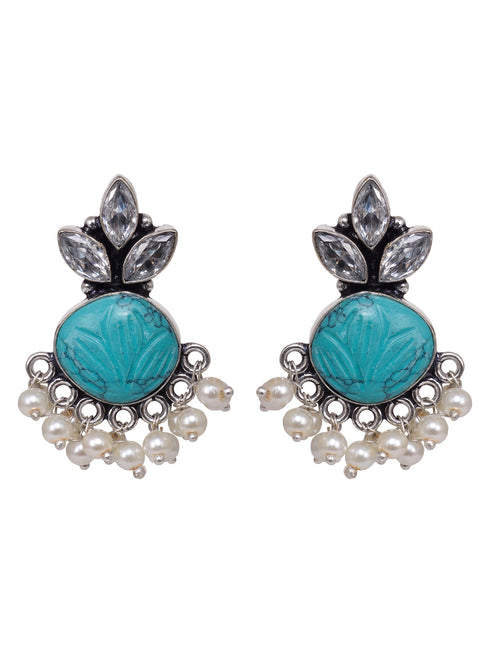 Oxidised Silver Toned Aqua Stone Studded Jhumka Earrings
