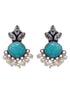 Oxidised Silver Toned Aqua Stone Studded Jhumka Earrings