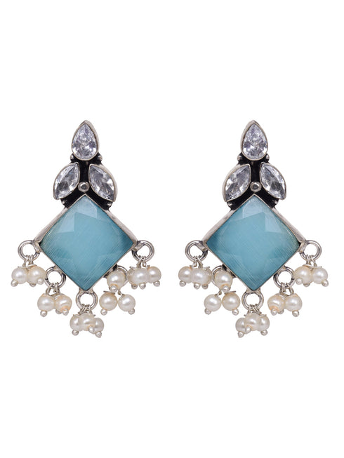 Oxidised Silver Toned Turquoise Stone Pearl Studded Earrings