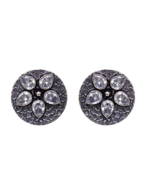 Oxidised Silver Toned White Stone Studds Earrings