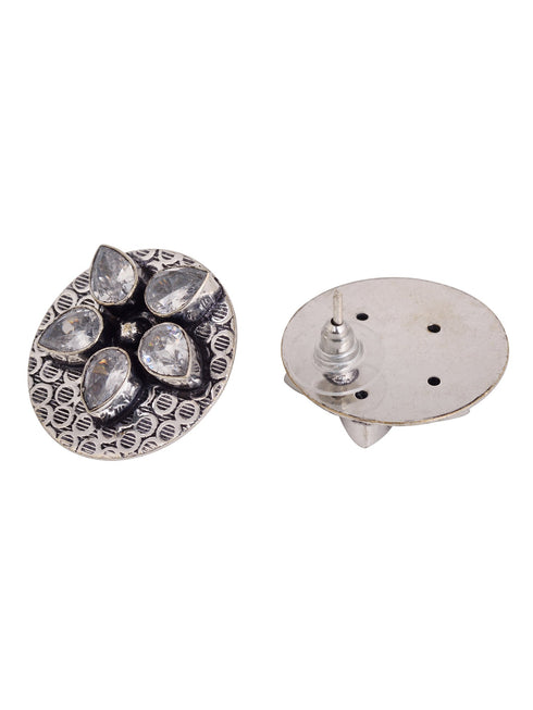Oxidised Silver Toned White Stone Studds Earrings