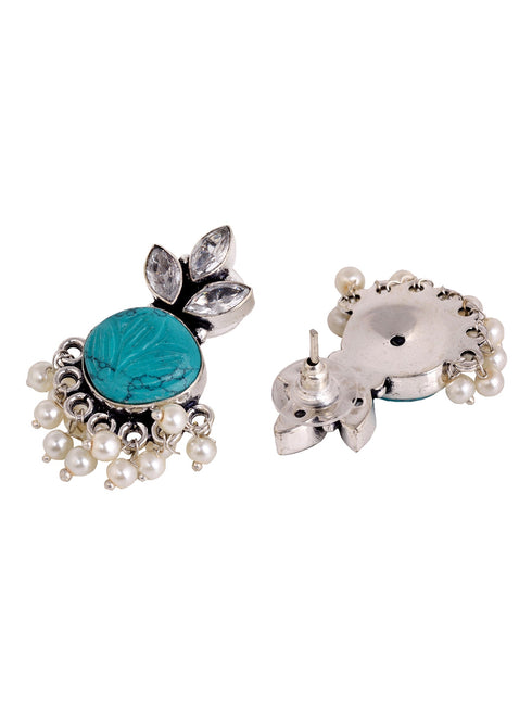 Oxidised Silver Toned Aqua Stone Studded Jhumka Earrings