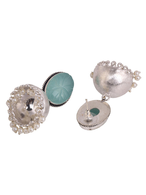 Silver Toned Turquoise Stone Studded Jhumka Earrings