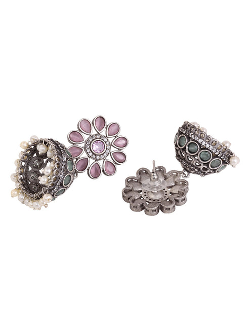 Oxidised Siver Pink Stone Studded Dome Jhumka Earrings