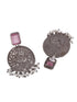 Silver Oxidised Pink Stone Studded Contemporary Earrings