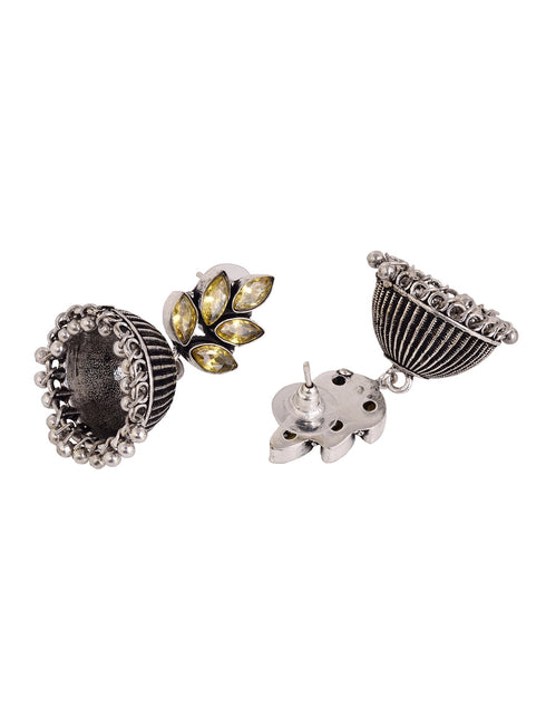 Oxidised Silver Toned Yellow Stone Studded Jhumka Earrings