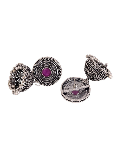 Oxidised Silver Plated Red Stone Studded Jhumka Earrings