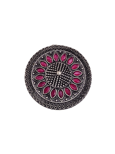 Oxidised Silver Plated Pink Stone Studded Finger Ring