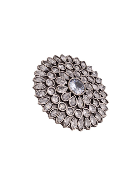 Oxidised Silver Plated White Stone Studded Cocktail Finger Ring