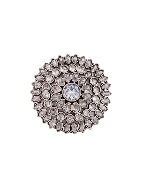 Oxidised Silver Plated White Stone Studded Cocktail Finger Ring