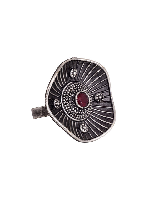 oxidised Silver Toned Pink Stone Finger Ring