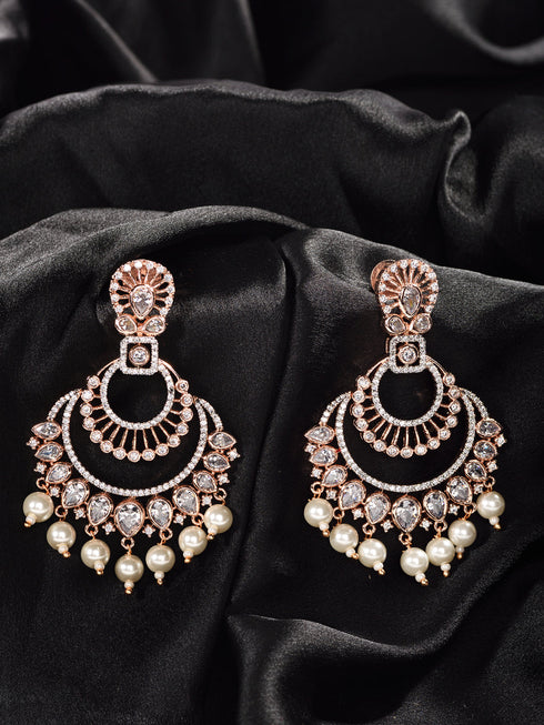 Rose Gold plated Pearl & AD studded Crescent Shaped Chandbali Earrings