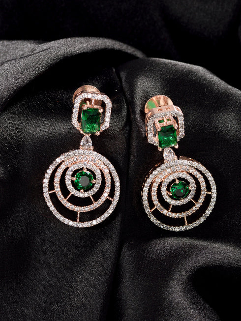 Rose Gold Plated Green & White AD Studded Concentric Dropdown Earrings