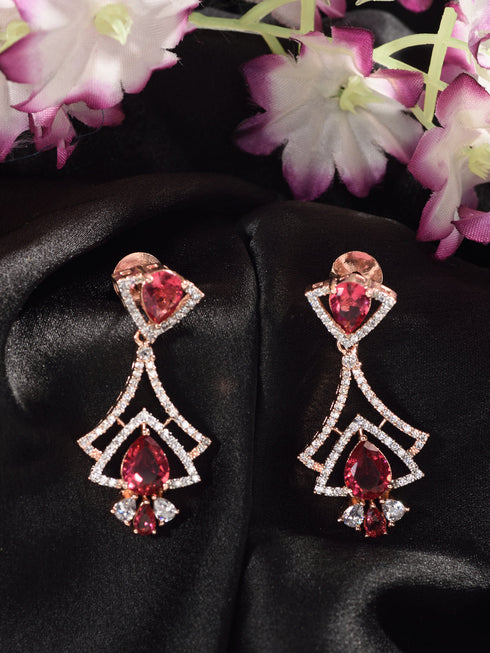 Rose Gold Plated Pink Ruby & White AD Studded Quirky Dropdown Earrings