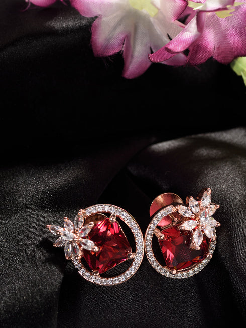 Rose Gold Plated Pink Ruby AD Floral Contemporary Studs Earrings