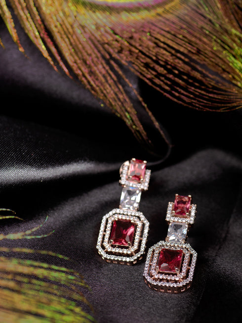 Rose Gold Plated Pink Ruby & White AD Studded Dropdown Statement Earrings