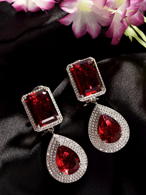 Rose Gold Plated Pink Ruby Studded Teardrop Chandelier Earring